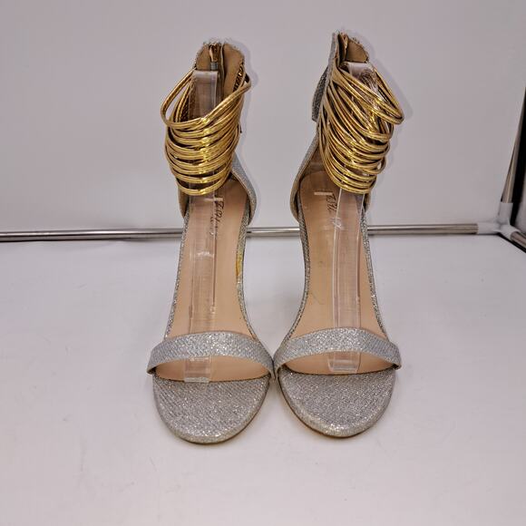 Women 7.5 Silver Lamé Gold Stringy Ankle Strap Stilletto Heel Open Toe Sandals - Picture 3 of 8